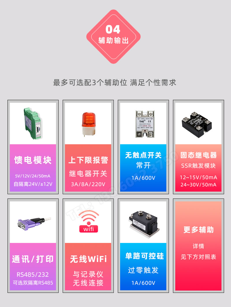 輔助輸出；報(bào)警開關(guān)量、mA變送、RS485/232通訊